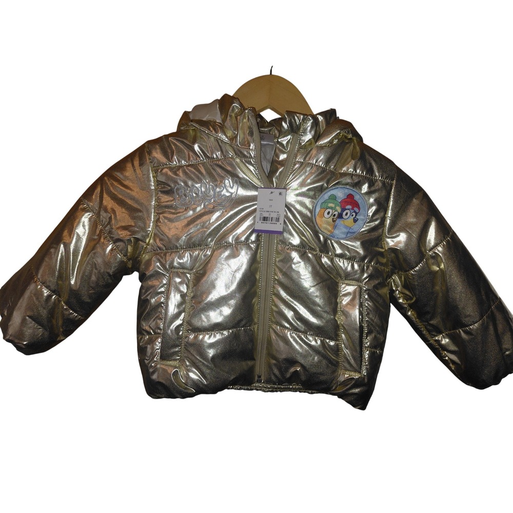 Bluey Bingo Toddler Girls Metallic Gold Puffer Jacket Hooded Coat 2T New